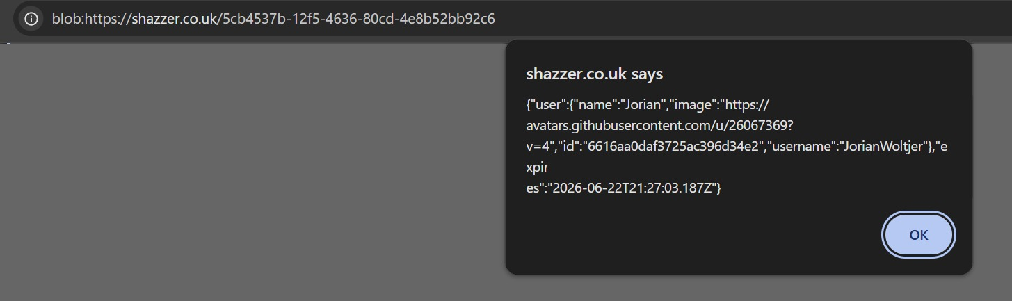 Alert showing "Jorian" user information on shazzer.co.uk Blob origin