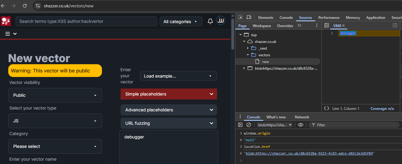 Paused in debugger showing window.origin and location.href results