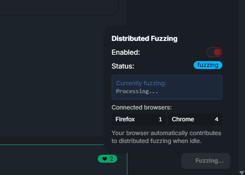 Bottom right panel showing distributed fuzzing enabled
