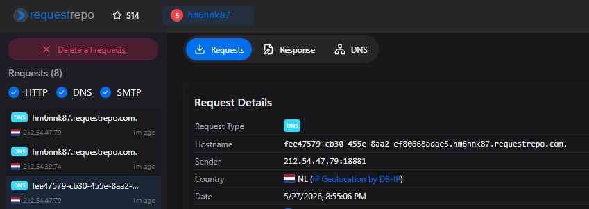 RequestRepo results showing callback with Blob UUID in subdomain
