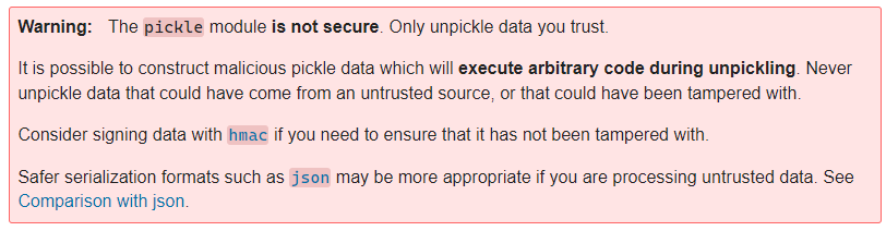 A warning from the Python pickle library documentation saying deserializing user input can result in Arbitrary Code Execution