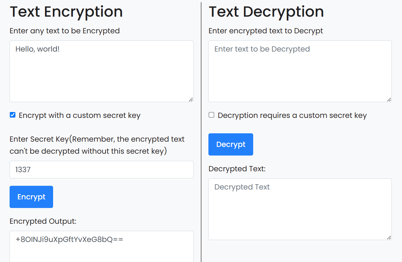 Form showing Text Encryption/Decryption with input text and secret key resulting in output