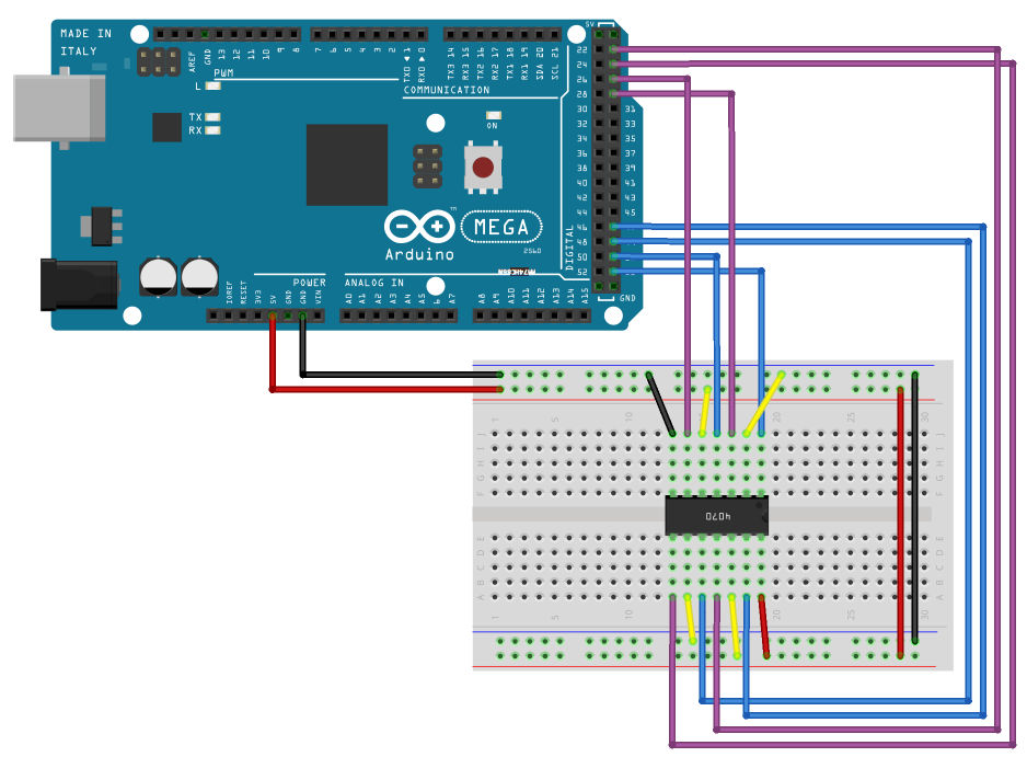 Arduino circuit showing wires connected to breadboard