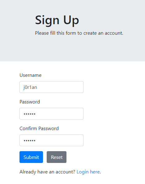 Sign Up page with username and password and confirmation