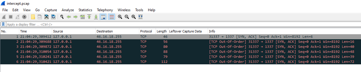 6 TCP packets in .pcap file in Wireshark