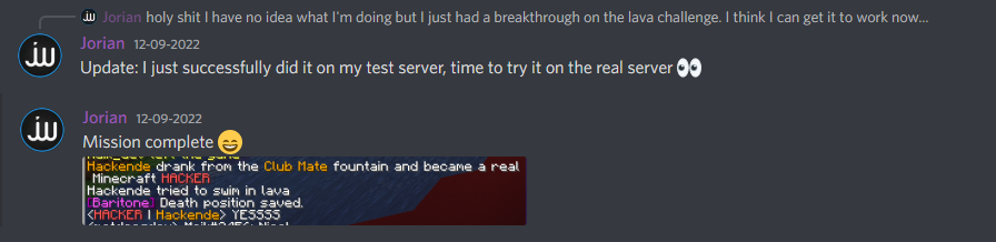 3 Discord messages from the point of moving in the area, to completing the challenge on the server and obtaining the HACKER rank