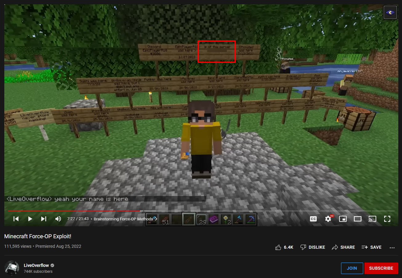 Screenshot of a YouTube leaking the server IP on a sign in the background