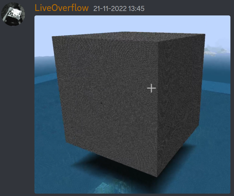 A low-res image showing a giant bedrock cube floating above an ocean