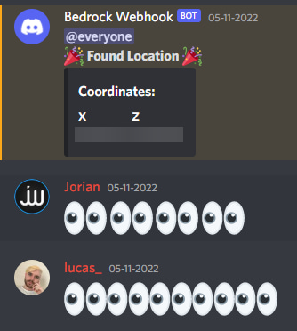 Screenshot of the webhook in discord showing the coordinates the program found