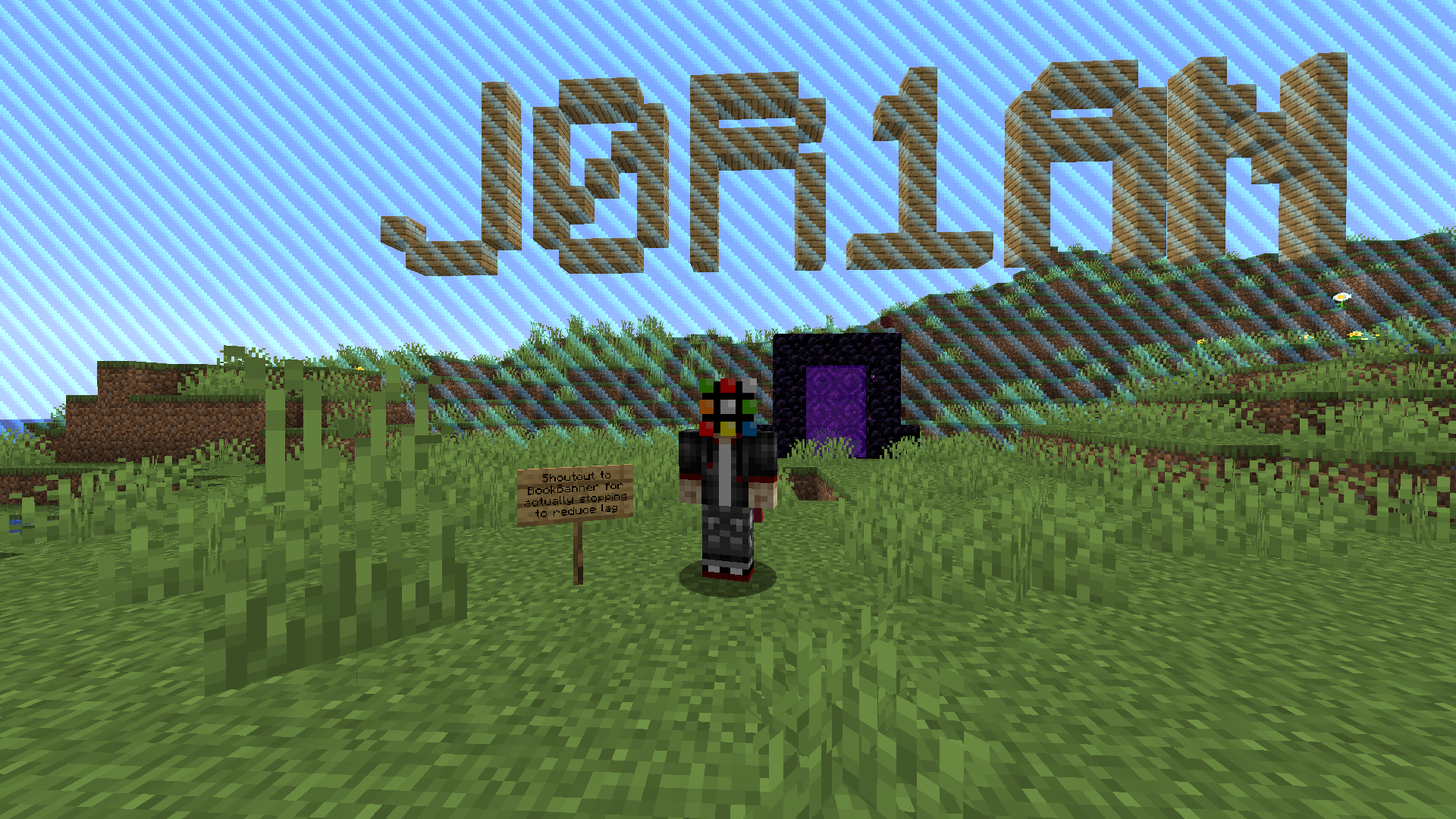 A screenshot of me at the World Border on the server, with text made of blocks in the background