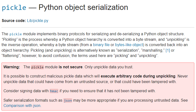 Security warning in pickle documentation