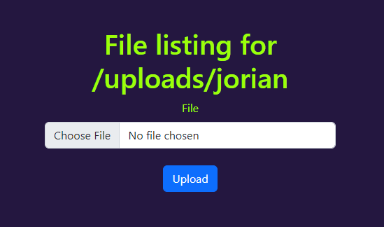 Screenshot of "File listing for /uploads/jorian"