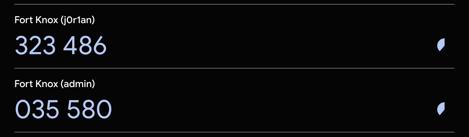Two Factor Authentication codes from the admin account