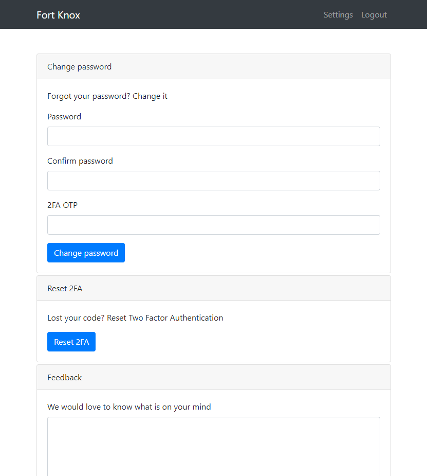 Settings page with Change password, Reset 2FA, and Feedback